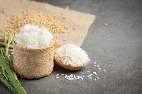 top view of various kinds of produce from rice place on wooden floor